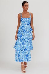 Provence Bloom Tiered Floral Maxi Dress Blue
